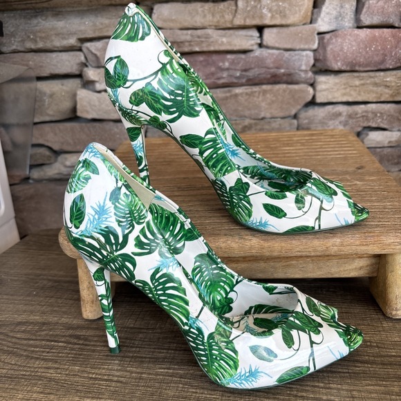 Aldo Stella Printed Patent Tropical Leaves Stiletto 4.5 In Peep Toe Heels 9 - Picture 10 of 12